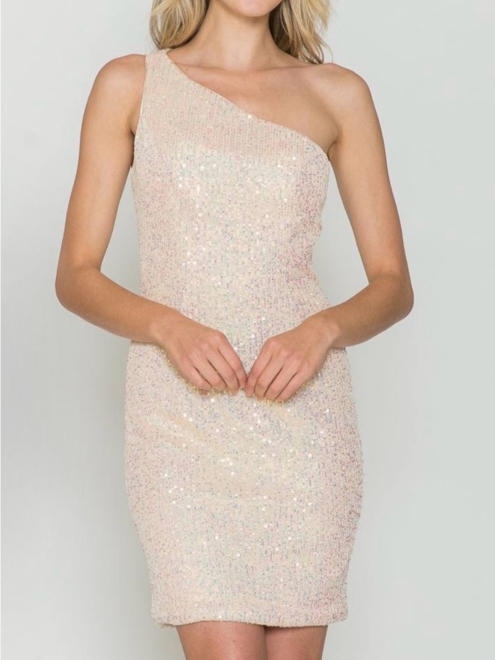 One-Shoulder Sequin Mini Dress in Soft Blush
